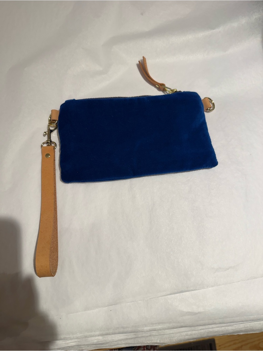 Erin Flett Velvet Wristlet Clutch in Deep Blue with Tan Strap